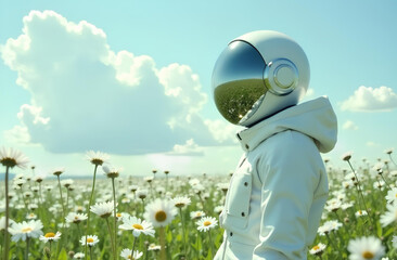 Astronaut in white suit standing in daisy field under blue sky.
