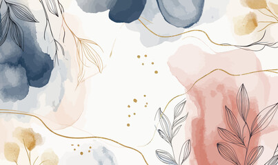 Luxury Minimalist Abstract Art with Golden Botanical Line Work and Organic Watercolor Shapes