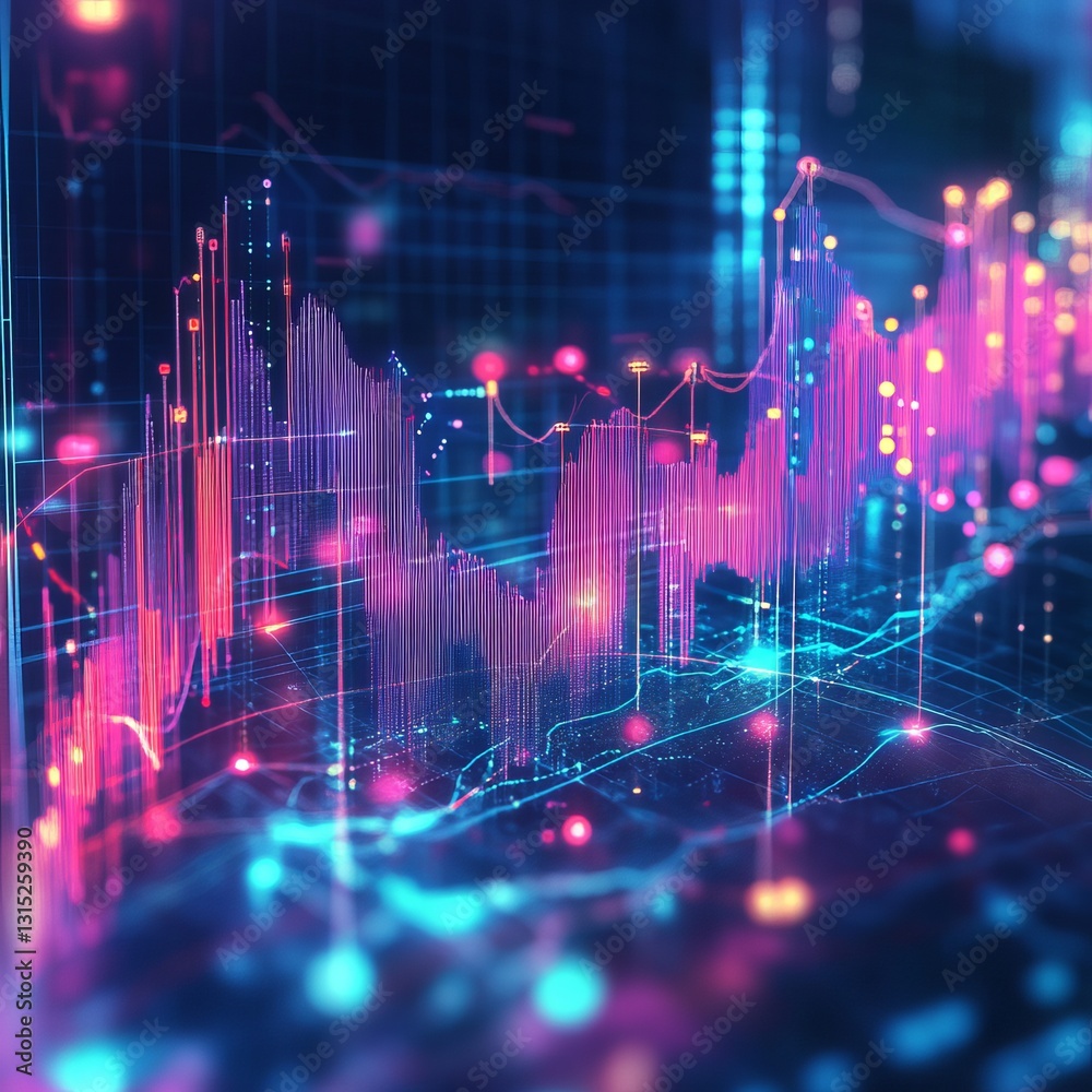 Poster vibrant data visualization showing trend lines and colorful graphics on a digital interface. ideal f