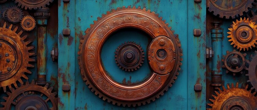 Rusty Gears on Teal Metal Background