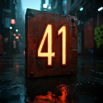 Rusty metal sign number 41 in a rainy urban alleyway