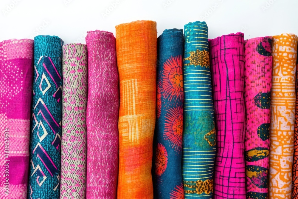 Aufkleber vibrant collection of rolled-up fabrics showcasing diverse patterns and colors.