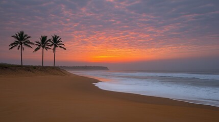 A brilliant sunset over the coast, showcasing palm trees in silhouette against a colorful sky glowing with pink, purple, and orange