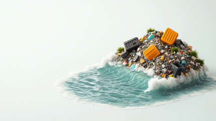 conceptual 3D depiction of floating trash islands, showcasing waste materials and garbage bins surrounded by ocean waves. This highlights environmental concerns and pollution
