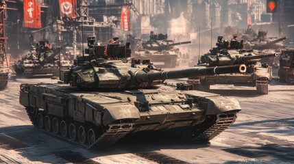 Modern Military Tanks in a War Zone