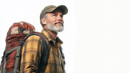 A man with a backpack, hiking up a mountain trail, enjoying the view with a content expression, on a white isolated background