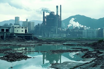 Fototapeta premium This image showcases an abandoned industrial complex with smokestacks, reflecting in a pool of water. The atmospheric scene highlights pollution and decay in an urban environment.