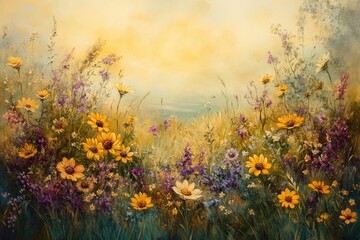 Obraz premium Vibrant wildflowers bloom in a sun-drenched meadow, creating a serene and picturesque landscape.