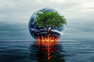 Global warming impact depicted through a tree symbolizing life amidst a burning earth and rising waters.