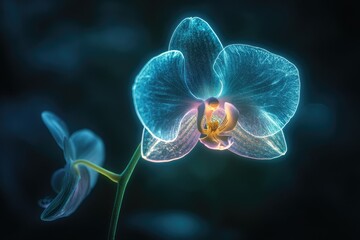 Obraz premium A translucent orchid with a pulsing neon center, glowing softly in a dark environment