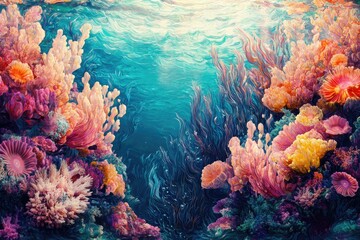 Fototapeta premium Vibrant coral reef scene underwater, showcasing diverse colorful corals and seaweed.