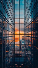 Stunning Reflection of a Vibrant Sunset Through Glass Skyscrapers in an Urban Landscape