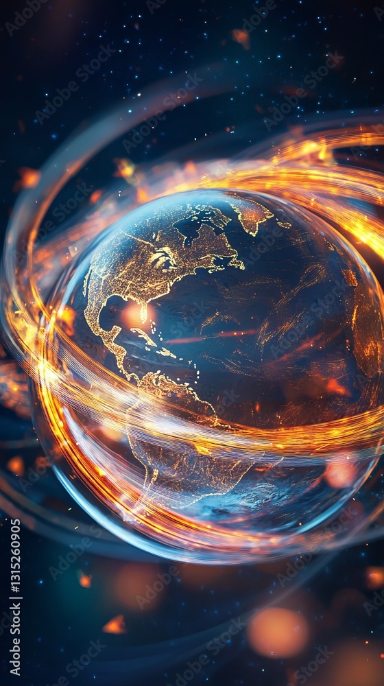 Poster this captivating image features an abstract representation of earth, glowing with dynamic light effe