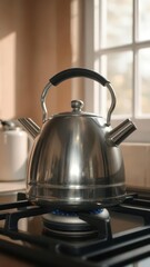 Shiny kettle boils on gas stove, kitchen window background, hot, background, kitchen