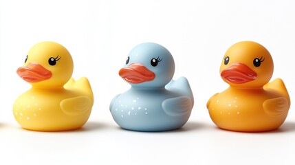 Colorful rubber ducks in a row against white background