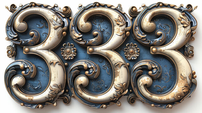 Ornate, decorative, 3D number 333 design with gold and cream details on a navy blue background.