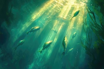 Fototapeta premium Sunbeams illuminate a serene underwater scene, where several fish gracefully swim amidst lush kelp forests.