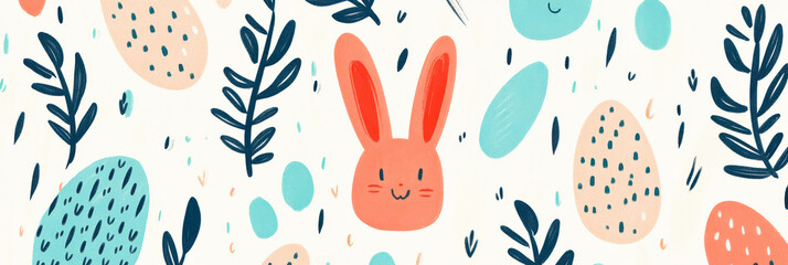 Easter banner with happy bunny and decorative eggs in limited colors