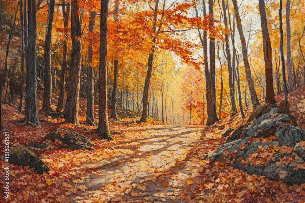 Poster sunlit autumn path through a vibrant forest with fallen leaves and tall trees.
