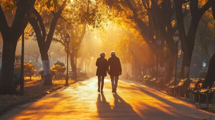 Serene Autumn Walk of Elderly Couple in Golden Park Light