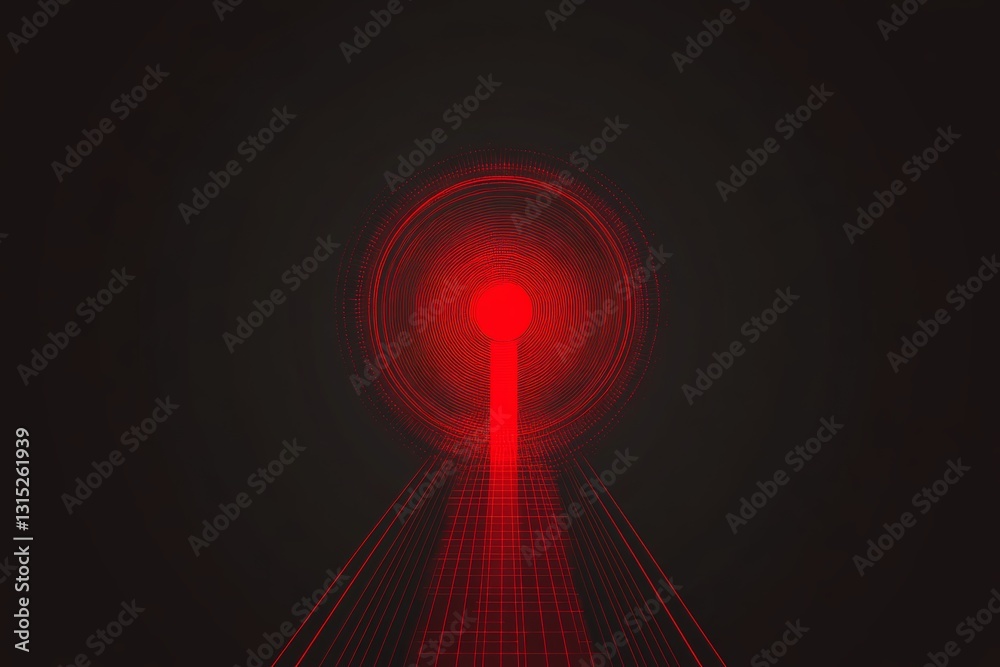 Poster this image features an abstract representation of a red light beam converging into a keyhole shape a