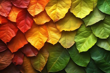 A colorful display of overlapping autumnal leaves is presented