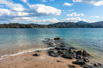 Stunning panoramic view in Amanohashidate during fall season. Monju, Miyazu, Kyoto, Japan.