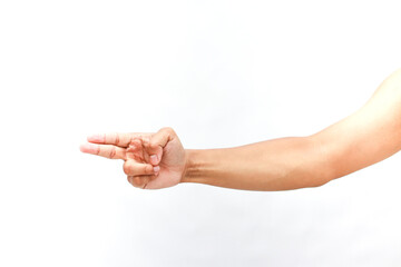 Arm and hand making a pointing gesture on an isolated white background