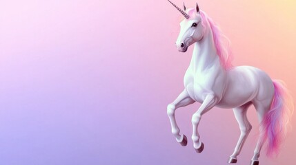 Majestic white unicorn with pink and purple mane and tail, rearing on pastel background.