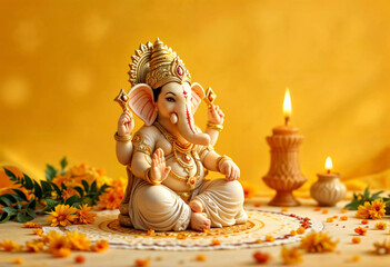 Sitting statue of the Hindu god Ganesh on yellow background. Hinduism religion and ethnic decor concept. For Ugadi, Gudi Padwa, Hindu New Year celebration. Digital illustration for poster, card