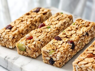 Grano bars beautifully displayed on a table surrounded by fresh ingredients for a healthy snacking experience