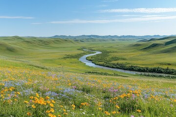 Serene landscape with a winding river flowing through vibrant wildflowers and rolling green hills under a clear blue sky.