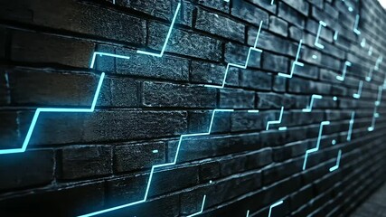 A brick wall glowing with neon blue digital circuits embedded in its surface, symbolizing a high-tech firewall protecting against cyber threats.