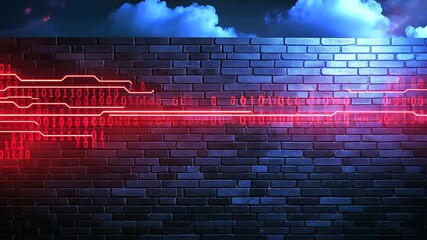 A brick wall with glowing neon circuits etched into its surface, surrounded by digital clouds and streaming binary code, symbolizing an unbreakable firewall.