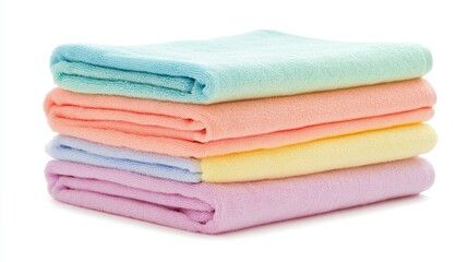 A stack of neatly folded towels in pastel colors, placed in a bathroom, on a white isolated background