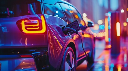 A modern street scene featuring electric cars charging under bright city lights