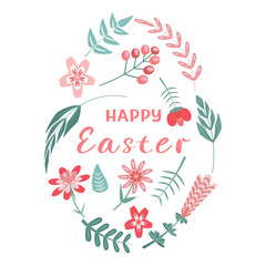 A vibrant egg shape filled with various flowers and leaves, featuring the text Happy Easter in a playful font. This design embodies the spirit of spring and celebration.