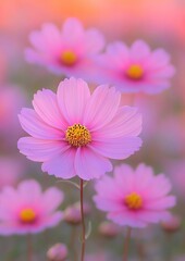 Fototapeta premium Soft Pink Cosmos Blossoms in a Field at Sunrise