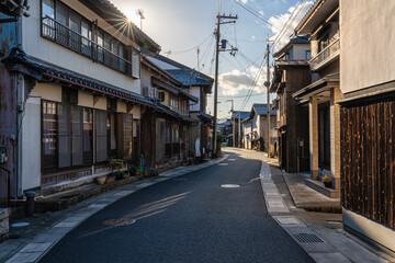 Beautiful later afternoon sight in Ine Bay, with the typical Funaya boat houses. Kyoto, Japan.