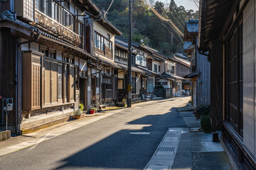 Beautiful later afternoon sight in Ine Bay, with the typical Funaya boat houses. Kyoto, Japan.