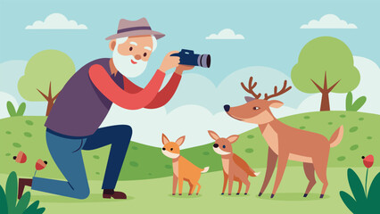 Obraz premium A smiling elderly man carefully adjusts the aperture of his camera attempting to capture a shot of a playful family of deer frolicking in a meadow.. Vector illustration