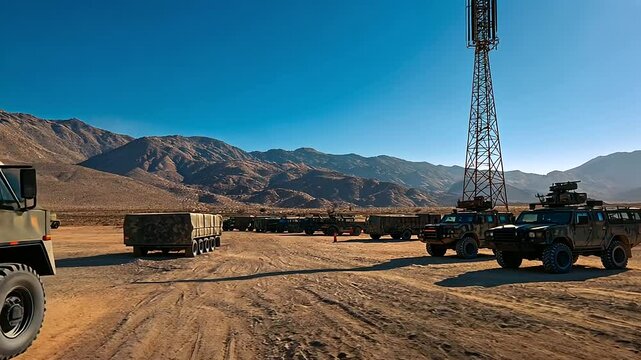 A close-up of a rugged desert military base with camouflaged tents, military vehicles parked in neat rows, and a tall communication tower reaching into the clear blue sky, symboliz