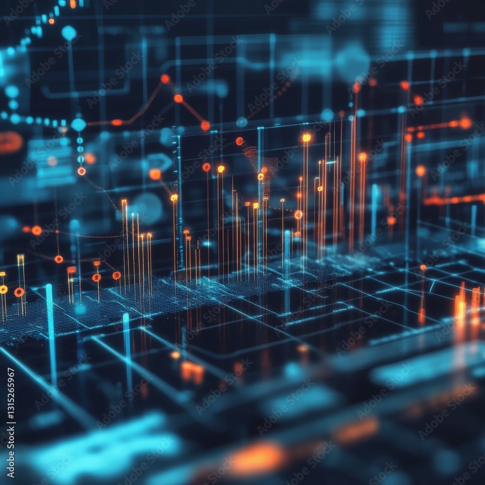Poster complex digital data visualization with colorful graphs and analytical metrics on a dark background