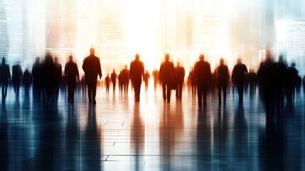 Blurred Silhouettes of People Walking in Urban Cityscape at Dusk