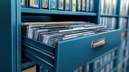 A modern office features a vivid blue filing cabinet, open to show its organized contents, with numerous similar cabinets stretching behind it