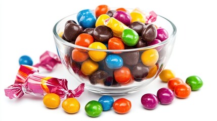 A glass bowl filled with colorful candies, with wrappers scattered around, on a white isolated background