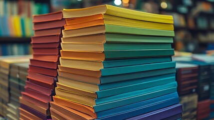 Obraz premium A vivid array of binders, each bursting with documents, neatly displayed on a wooden shelf in a stylish office setting