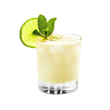 Batida cocktail with mint sprig garnish transparent PNG isolated background. Mixology, bar menu, colorful vibrant refreshing drink in old fashioned glass