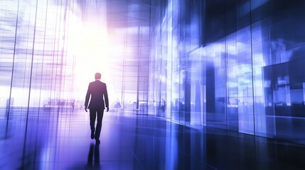 Fototapeta premium Businessman Walking Through Modern Office Space with Blue Lighting