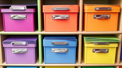 A vibrant array of folders lines a shelf in a contemporary office, demonstrating an orderly workspace with lively storage options